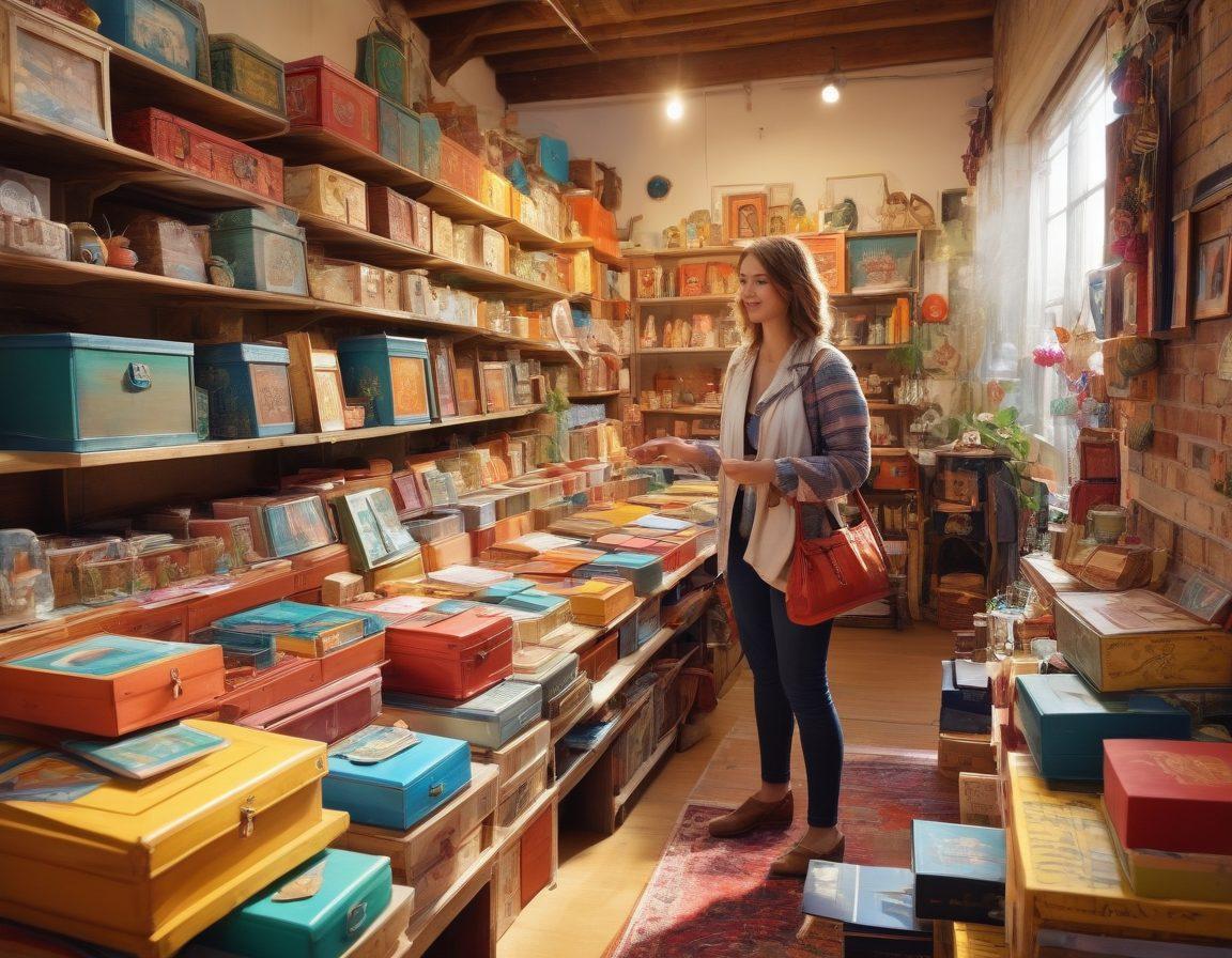 A vibrant marketplace filled with diverse discount merchandise, featuring stacked colorful boxes and unique items like vintage clothes, electronics, and eclectic home decor. A joyful shopper rummages through the collection, with a treasure map design in the background symbolizing exploration. Bright sunlight filters through, highlighting the abundance of treasures and deals. chaotic yet lively scene, perfect for conveying the thrill of discovering hidden gems. super-realistic. vibrant colors.
