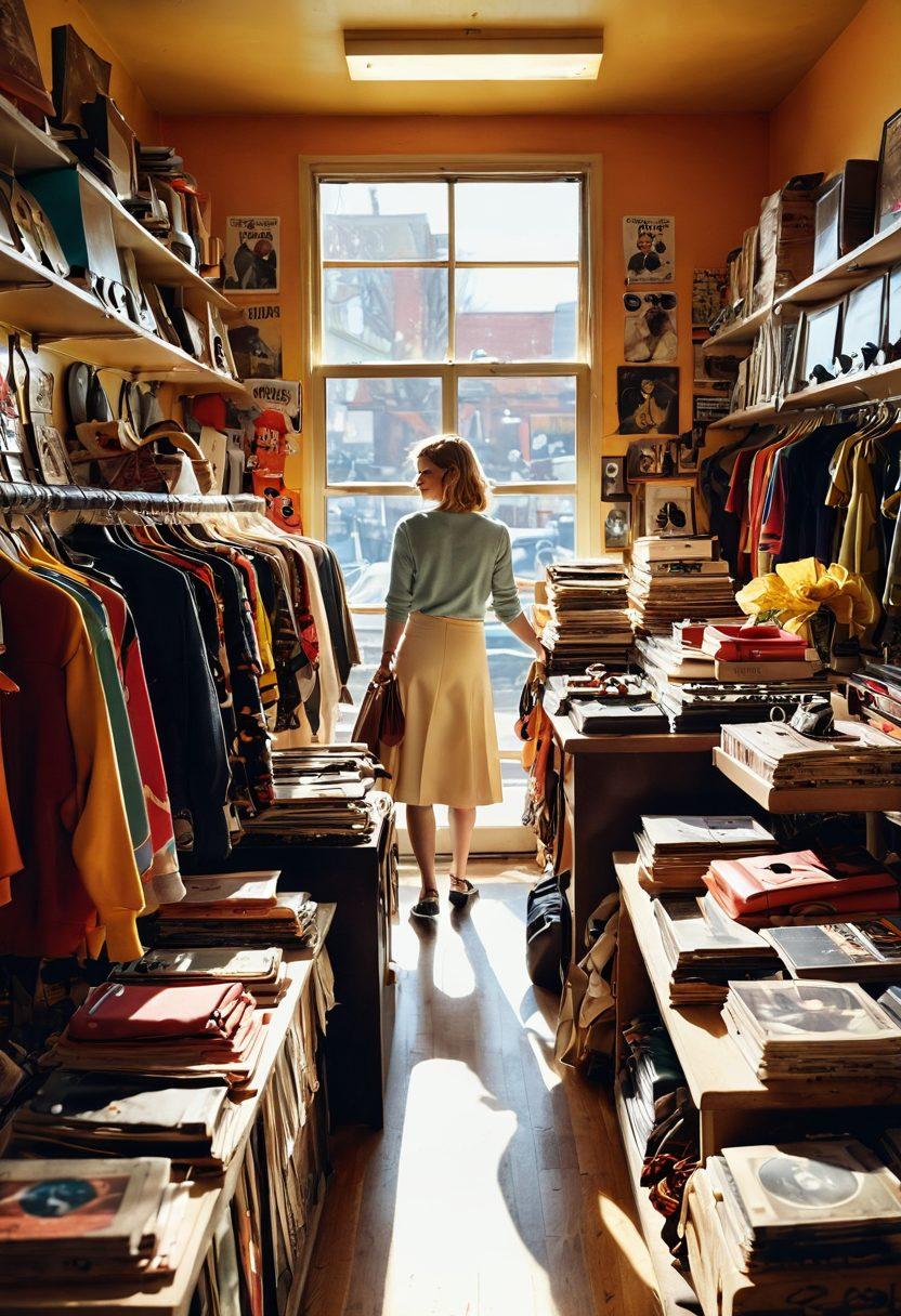 A bustling thrift store overflowing with colorful second-hand treasures, sunlight streaming through the windows illuminating a shopper eagerly browsing through a rack of vintage clothing. In the foreground, a pile of unique items like retro records, eclectic decor, and designer labels awaits discovery, symbolizing the excitement of thrifting. Background displays vibrant signs advertising liquidation services and discounts. super-realistic. vibrant colors. warm lighting.